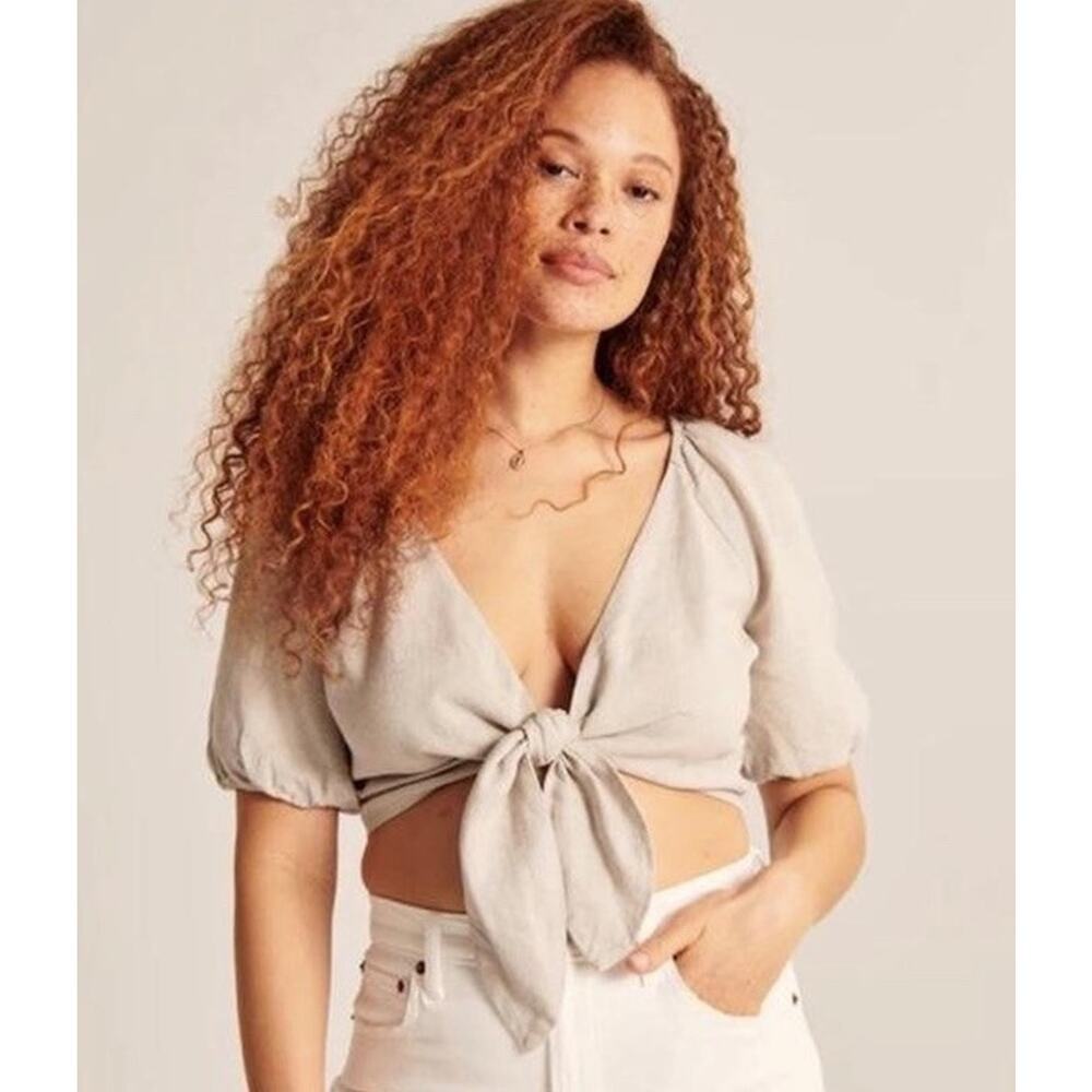 Abercrombie Cropped Tie Front Neutral Linen Blend Top, size S Festival Boho
